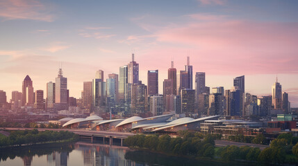 Fototapeta premium Urban Skyline at Sunset Over River