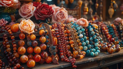 Fototapeta premium Colorful beaded jewelry on market display with decorative roses.
