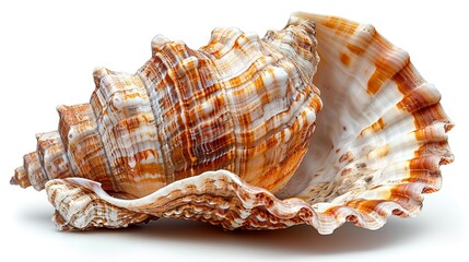 Close-up of a beautiful, intricate seashell with orange and white patterns, showcasing natural sea beauty and coastal elegance.