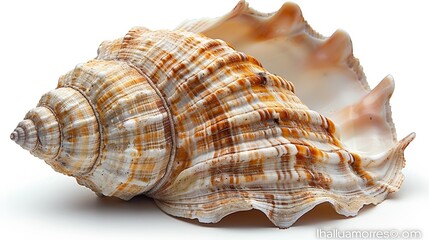 Obraz premium Close-up of a beautifully detailed seashell with intricate patterns and textures on a white background, ideal for nature-themed designs or decor.
