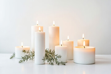 Lit Candles with Green Greenery