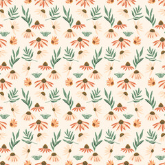 Yellow coneflowers seamless pattern. Floral endless background. Echinacea flower ornament. Happy summer rustic mood. Botanic continuous backdrop. Vector flat hand drawn illustration.