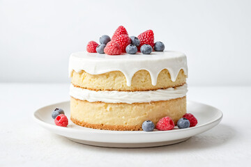 White Cake with Raspberries and Blueberries on a White Plate