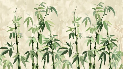 Obraz premium Elegant bamboo illustration, featuring tall green bamboo plants with leaves, set against a soft beige background, perfect for design projects.