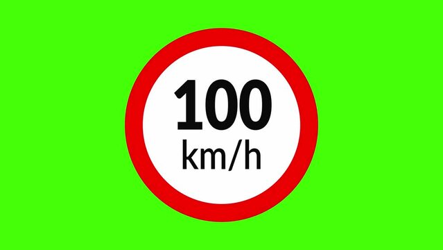 100 kmh speed limit road sign icon animation on green screen
