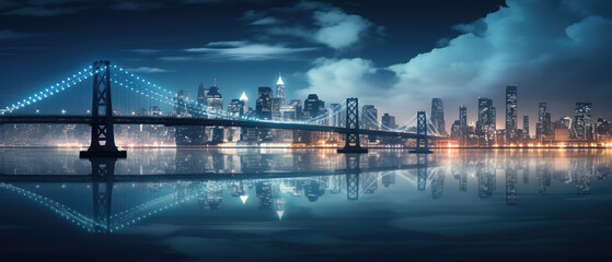 Illuminated City Skyline with Bridge at Night