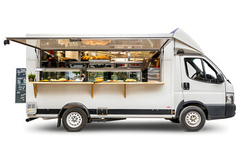 White food truck side view isolated on white background