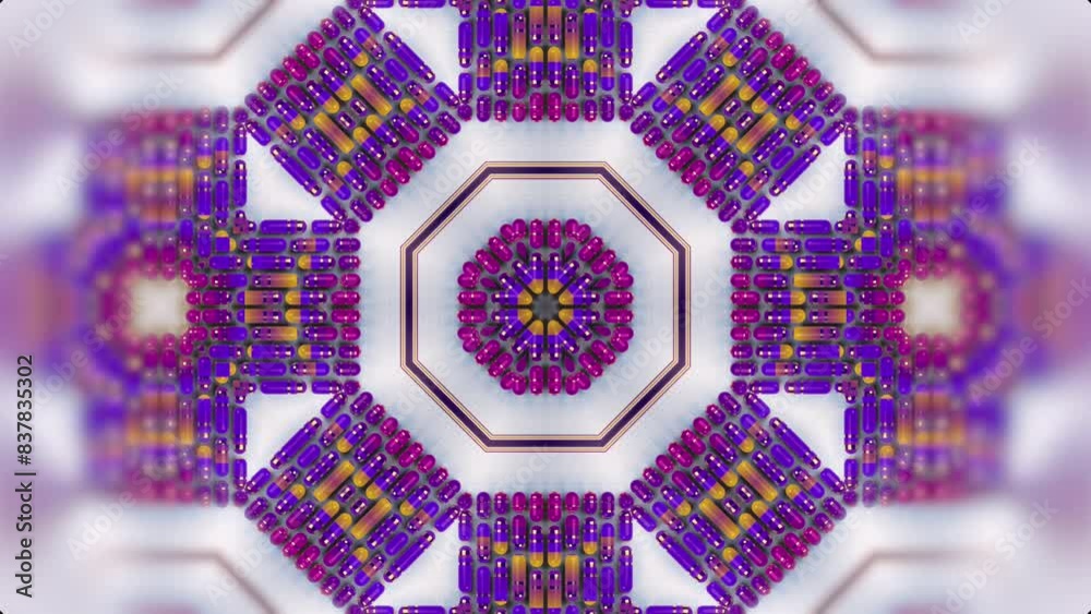 Poster kaleidoscopic pattern of cylindrical figures. 3d rendering loop animation 4K