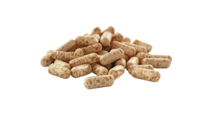 A pile of brown herbal capsules isolated on a white background. Ideal for health, wellness, and nutritional supplement themes.