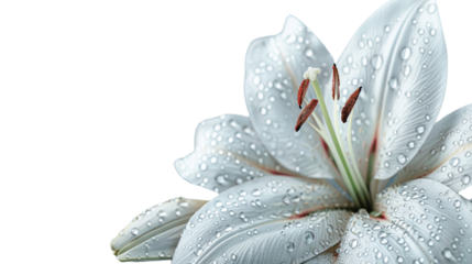 Close-up of a beautiful white lily with water droplets on petals, captured against a black background. Perfect for nature and floral themes.