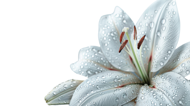 Close-up of a beautiful white lily with water droplets on petals, captured against a black background. Perfect for nature and floral themes.