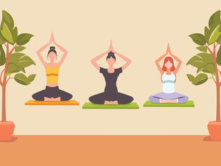 Three women practice yoga indoors, sitting lotus position. Female characters exhibiting mindfulness tranquility during yoga session, practitioners surrounded plants engage peaceful workout