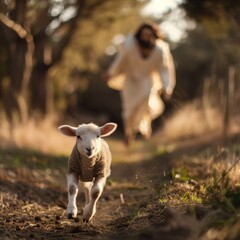 In front of the camera is a lost lamb, and behind it is Jesus chasing after him