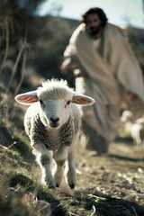 In front of the camera is a lost lamb, and behind it is Jesus chasing after him