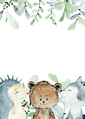 Baby shower card. Vector watercolor woodland card with animals.