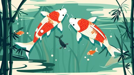 Fototapeta premium Illustration of colorful koi fish swimming in a serene pond surrounded by bamboo plants and other small fish.
