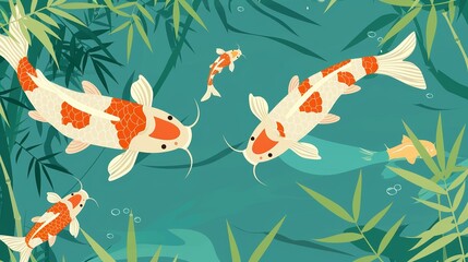 Illustration of koi fishes swimming in a serene pond surrounded by bamboo leaves. Tranquil aquatic life in nature.