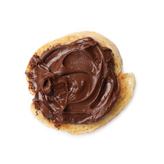 Piece of toasted bread with chocolate paste isolated on white, top view