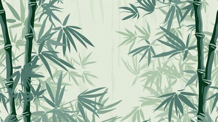 Fototapeta premium Illustration of lush green bamboo stalks and leaves on a tranquil misty background, perfect for serene nature-themed projects.