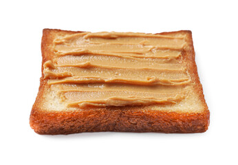 Piece of toasted bread with peanut butter isolated on white