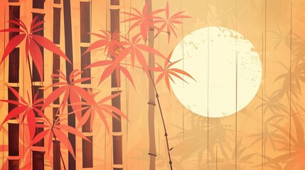 Illustration of red bamboo and sun with an abstract background, creating a serene and peaceful ambiance in warm tones.