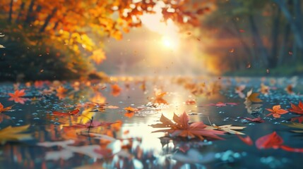 Fototapeta premium Fall season landscape, fallen leaves floating on water and autumnal sun through tree foliage - Autumn seasonal background