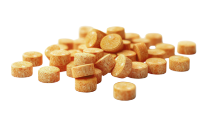 Close-up of orange round pills scattered on a white background. Perfect for medical and pharmaceutical concepts in stock photography.