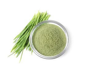 Wheat grass powder in glass bowl and fresh sprouts isolated on white, top view