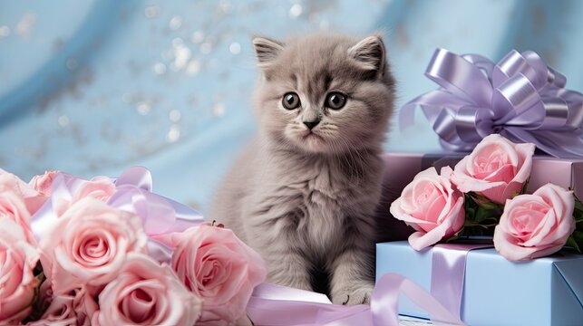 bouquet of delicate pink roses with cute kitten holding a gift, silk blue ribbons
