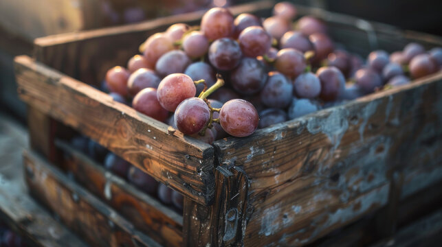 Detailed Close-up of Grapes Crate, Harvest time, a stage in the wine-making process, les vendanges, grape harvesting, a seasonal job.