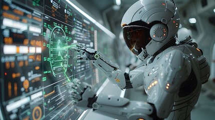 A futuristic robot with a white exoskeleton interacts with a complex digital interface in a modern technology center.