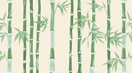 Seamless bamboo pattern with green bamboo stalks and leaves on light background, perfect for nature-themed designs and wallpaper.