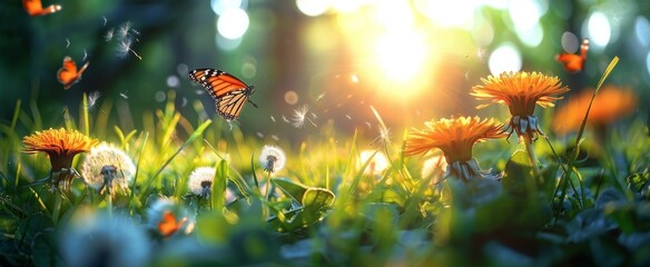 Two Monarch Butterflies Flying Above Dandelion Flowers in a Sunny Meadow