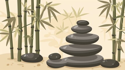 Serene illustration of balanced stones and bamboo, perfect for relaxation and meditation themes.