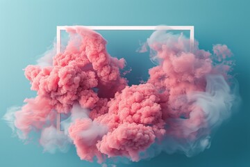 Pink Smoke Clouds Floating Above White Frame on Blue Background