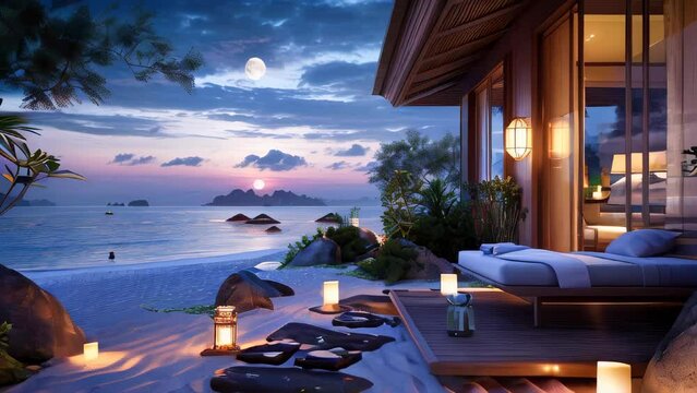 A beach house with candles and lanterns under moonlight, romantic atmosphere