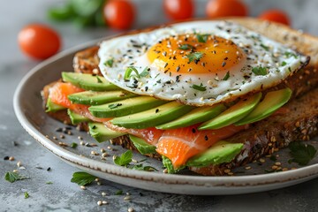 Healthy Breakfast with Avocado Toast, Smoked Salmon, and Sunny Side Up Egg on Whole Grain Bread - Powered by Adobe