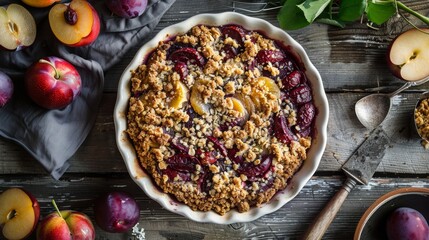 Plum crumble cake, food photography, 16:9