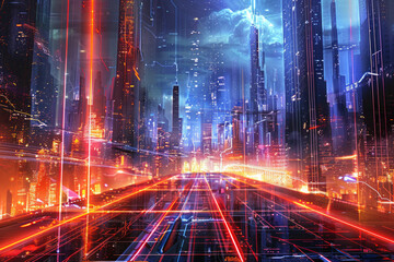 A digital futuristic city in the background with glowing lines in the foreground 