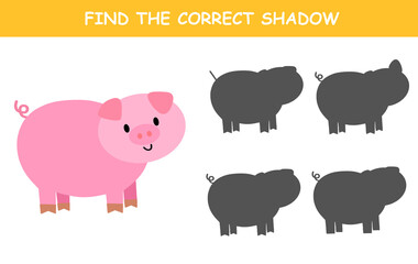 Shadow matching game for kids. Find the correct shadow. Educational game for children. Find and match the right shadow of cute pig.	