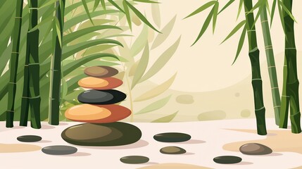 Naklejka premium Zen garden with stacked stones and bamboo, creating a tranquil environment for relaxation and meditation.