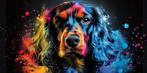 Cocker spaniel in neon colors in a pop art style