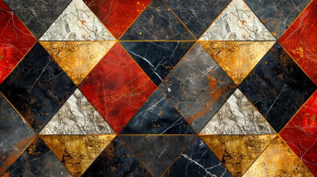Geometric design with marble mosaic and artificial stone textures, enhanced with shiny metallic foil, creating a sophisticated and contemporary look. AI Generative.