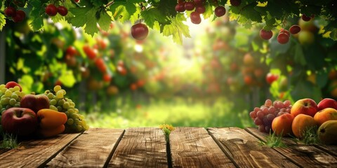 Farm wood nature field fruit table product grass garden background stand green food. Nature wood landscape