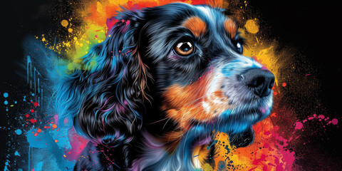 Cocker spaniel in neon colors in a pop art style
