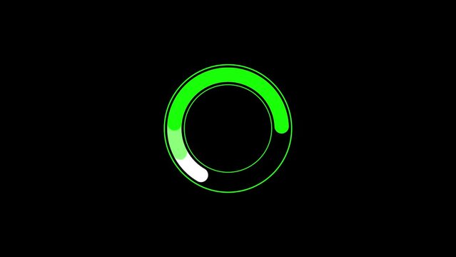 Animation of a circle loading icon in neon green with shadows and lines on the side, animation of loading a circle with a black background.