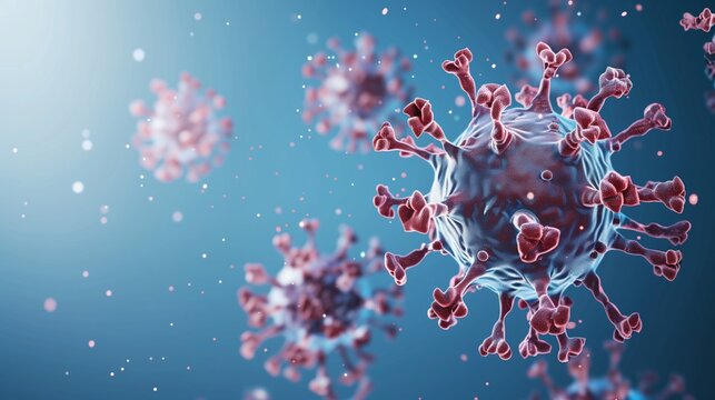 Adeno-associated virus (AAV), 3d illustration, blue background. A highly detailed and realistic 3D rendering of the Adeno-associated virus (AAV), showcasing its intricate capsid structure