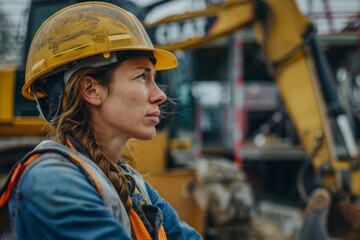 Female construction worker near to backhoe on the construction site.