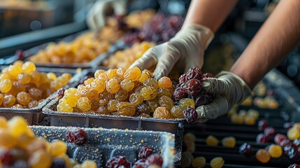 raisins in a plastic box, a close-up photo of the hands  sorting fruit inside the factory, a beneficial diet, healthy meals of high value