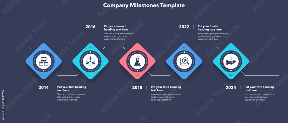 Poster Horizontal timeline infographic template with five steps - dark version. SImple chart design for workflow layout, diagram, banner, web design.
